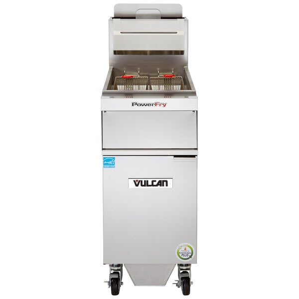 A Vulcan natural gas floor fryer with solid state analog controls and KleenScreen filtration system.