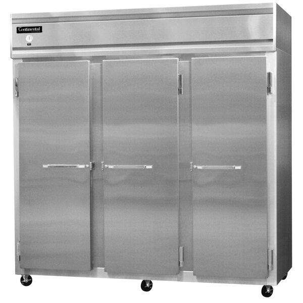 A large stainless steel Continental Refrigerator with three solid doors.