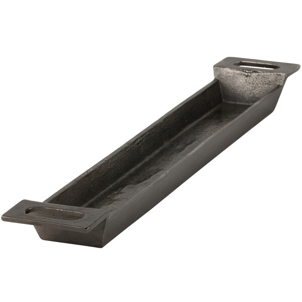 A long rectangular black metal tray with two handles.