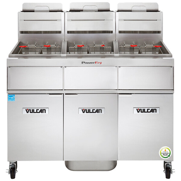 A Vulcan 3 unit floor fryer system with white and black text.