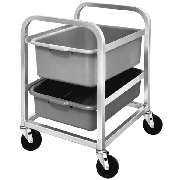 A grey Channel aluminum lug rack with two bins on it.