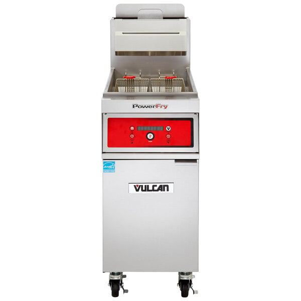 A large red and white Vulcan floor fryer with digital controls.