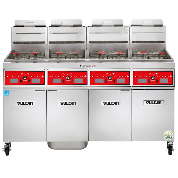 A large commercial fryer system with a red and white rectangular panel with buttons and a white letter v.