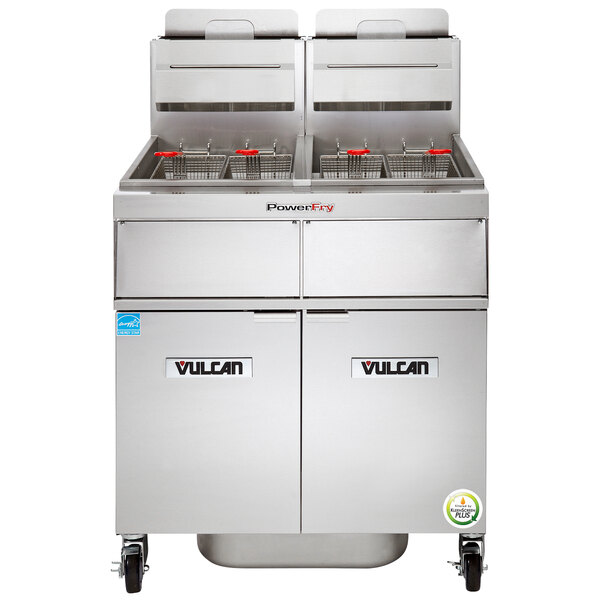 A Vulcan natural gas floor fryer system with solid state analog controls.
