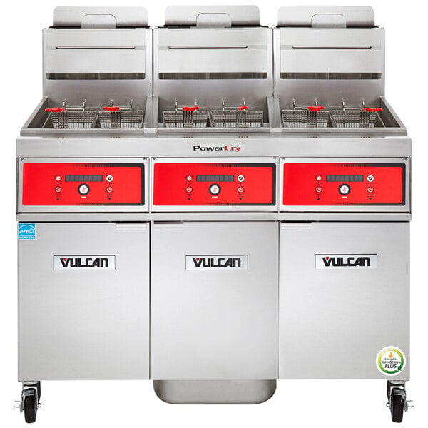 A white Vulcan floor gas fryer system with red digital controls.