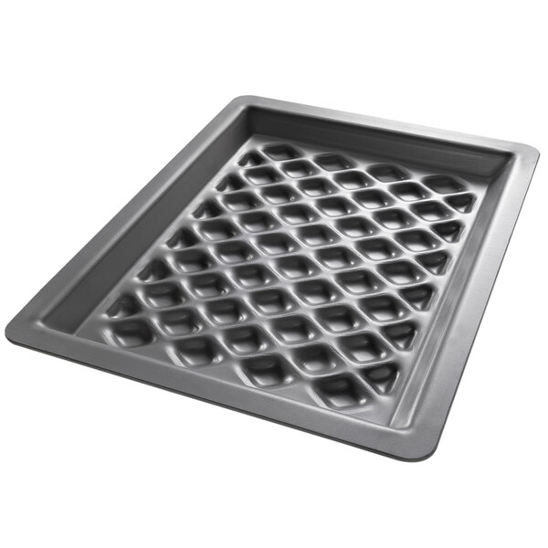A Chicago Metallic anodized aluminum diamond grill pan with holes.