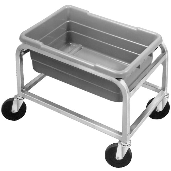 A Channel stainless steel lug rack on wheels.