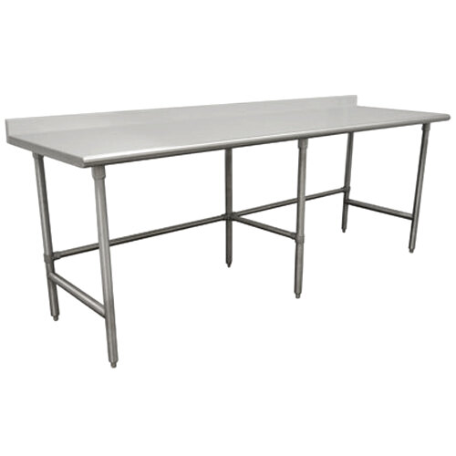 A stainless steel Advance Tabco work table with legs.