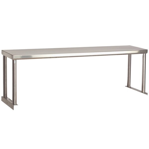 A long stainless steel rectangular shelf above an Advance Tabco table.