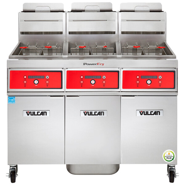 A white Vulcan 3 unit floor fryer system with red rectangular digital controls.