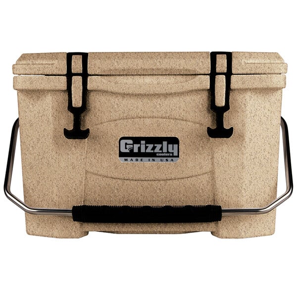A sandstone Grizzly cooler box with a handle.