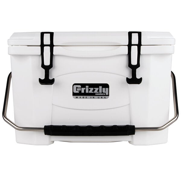 A white Grizzly Cooler with black handles.