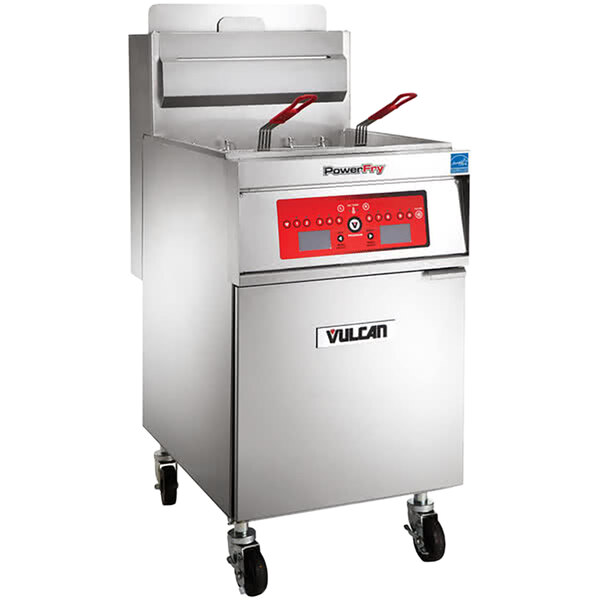 A large stainless steel Vulcan commercial floor fryer with red buttons.