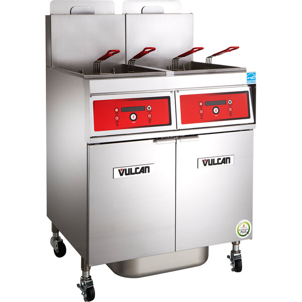 A large commercial Vulcan gas floor fryer system with red handles.