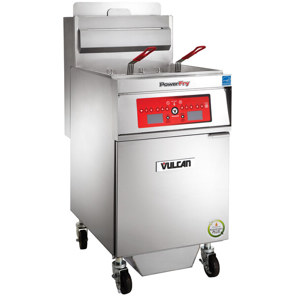 A large stainless steel Vulcan gas floor fryer with red handles.
