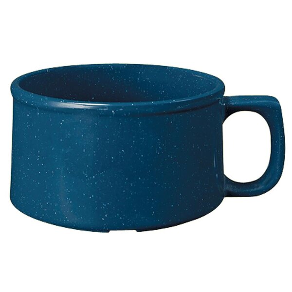 A close up of a blue GET Texas Blue melamine mug with a handle.