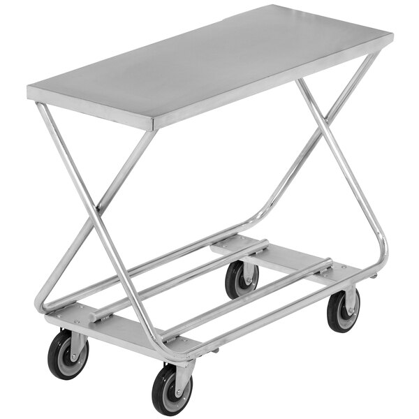 A chrome plated steel Channel stocking cart with a tubular bottom shelf and wheels.