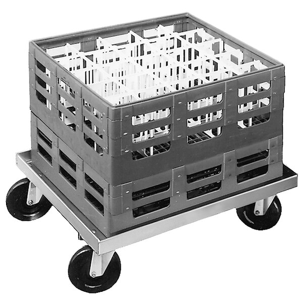 A Channel grey crate on a Channel glass rack dolly.