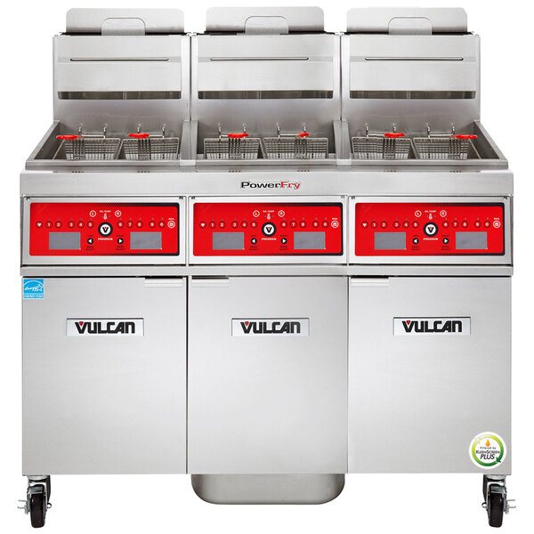 A Vulcan commercial gas fryer with red and black rectangular computer controls.
