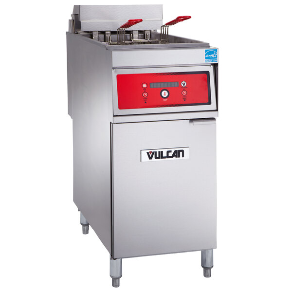 A Vulcan electric floor fryer with red handles.