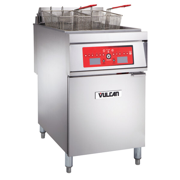 A Vulcan electric floor fryer with computer controls on a commercial kitchen floor.