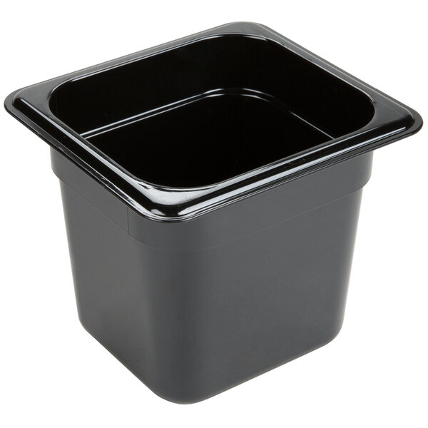 A Carlisle black high heat plastic food pan with a lid.