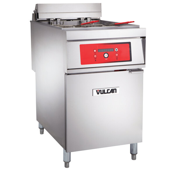 A large stainless steel Vulcan electric floor fryer with a red panel.