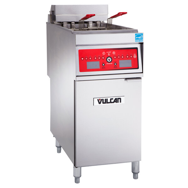 A Vulcan 1ER50C-2 electric floor fryer with a red panel.