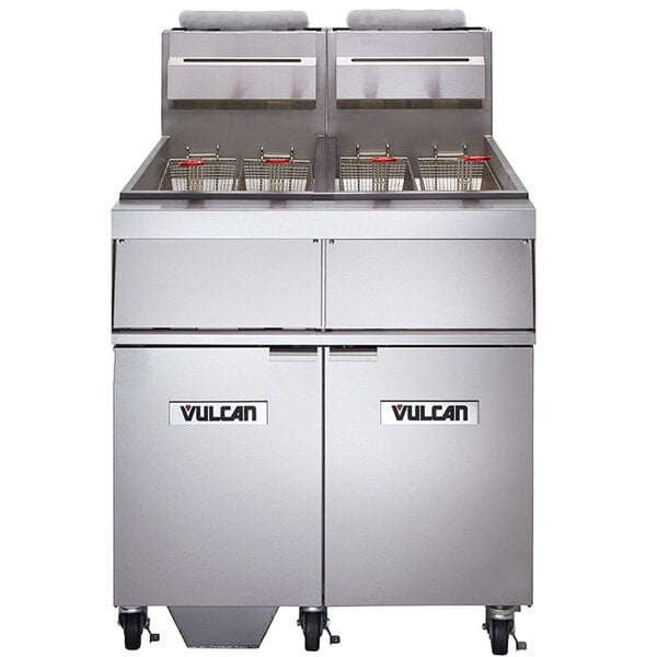 A Vulcan liquid propane gas floor fryer with two fryer units and a pair of doors.
