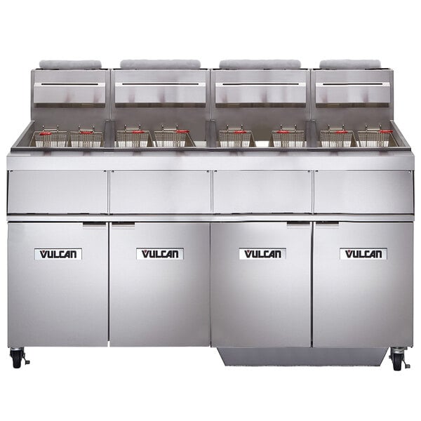 A Vulcan gas floor fryer system with white KleenScreen boxes on a counter.