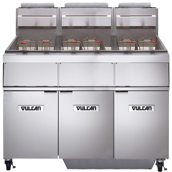A Vulcan liquid propane floor gas fryer system with metal KleenScreen filtration.