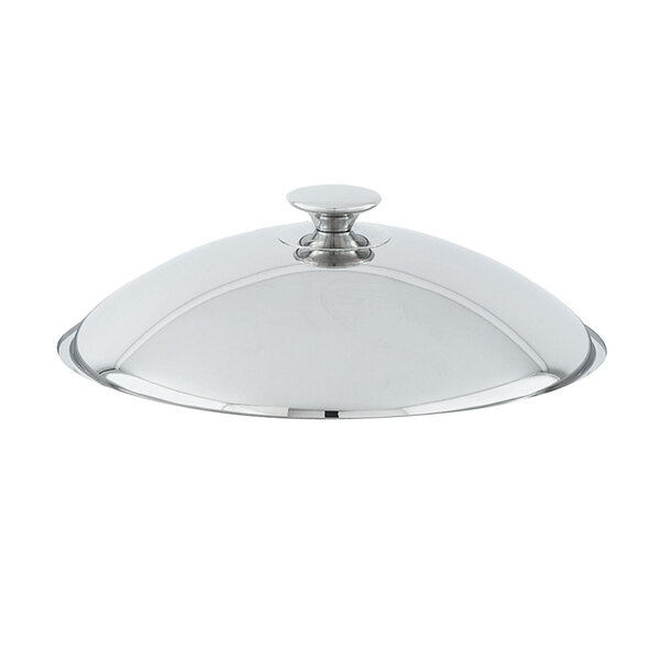 A silver Vollrath Orion chafer cover with a metal handle.