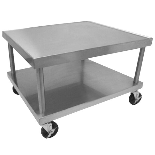 A Vulcan stainless steel cart with wheels.
