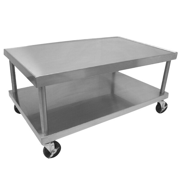 A Vulcan stainless steel cart with wheels.