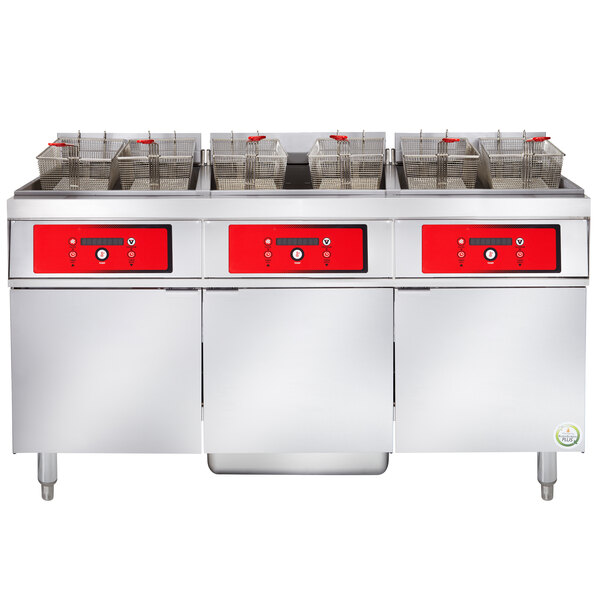 A large commercial Vulcan electric floor fryer system with three red doors and a red box with black buttons and white circles.