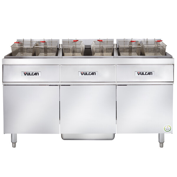 A large white Vulcan electric floor fryer system.
