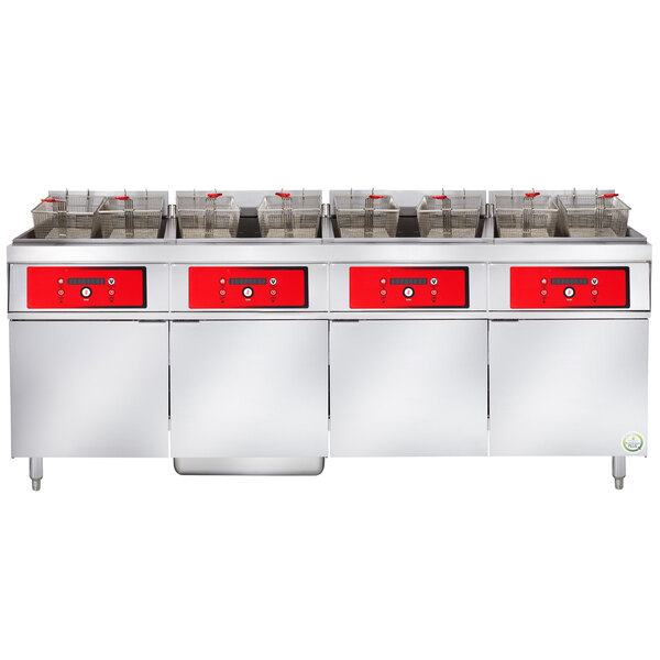 A Vulcan 4 unit electric floor fryer system on a counter with red doors and red handles.