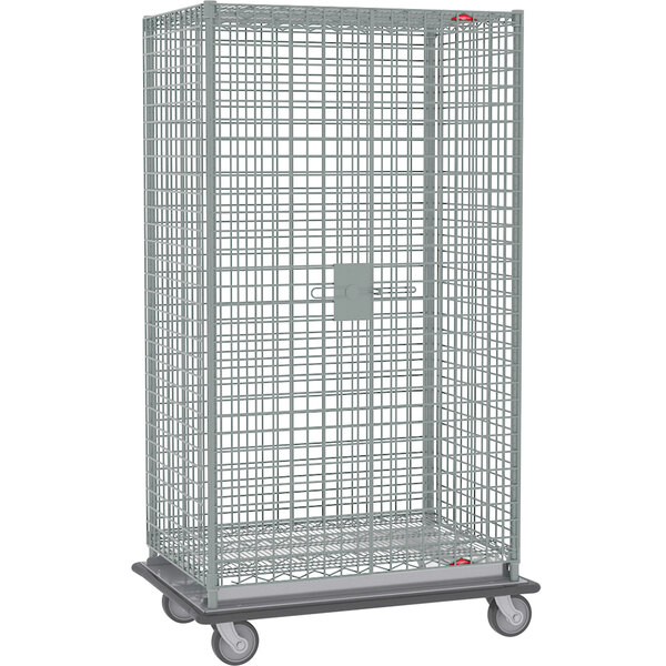 A large Metro chrome wire security cabinet on wheels with a door.