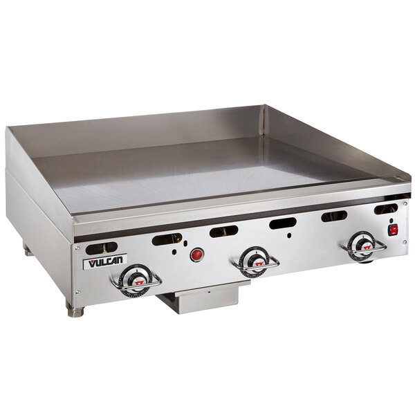 A stainless steel Vulcan liquid propane griddle with thermostatic controls.