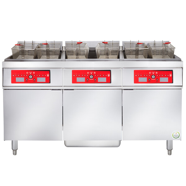 A Vulcan 3 unit electric floor fryer system with red doors.