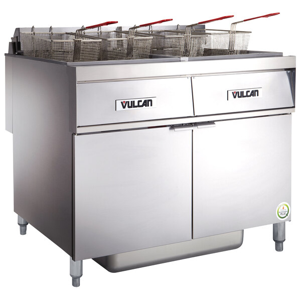 A Vulcan stainless steel electric fryer system with baskets.