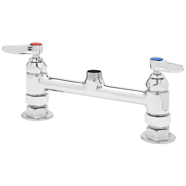 A silver T&S deck mounted faucet base with two red and blue knobs.