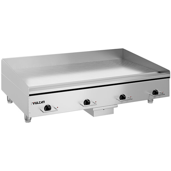 A large stainless steel Vulcan countertop electric griddle with rectangular knobs.