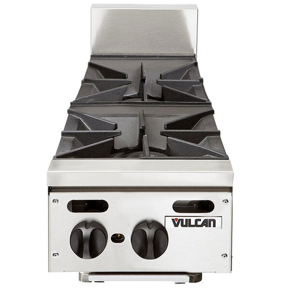 A Vulcan natural gas countertop range with two burners and black knobs.