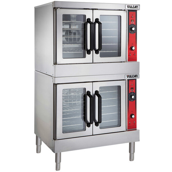 A large stainless steel Vulcan double deck convection oven with red handles on the doors.