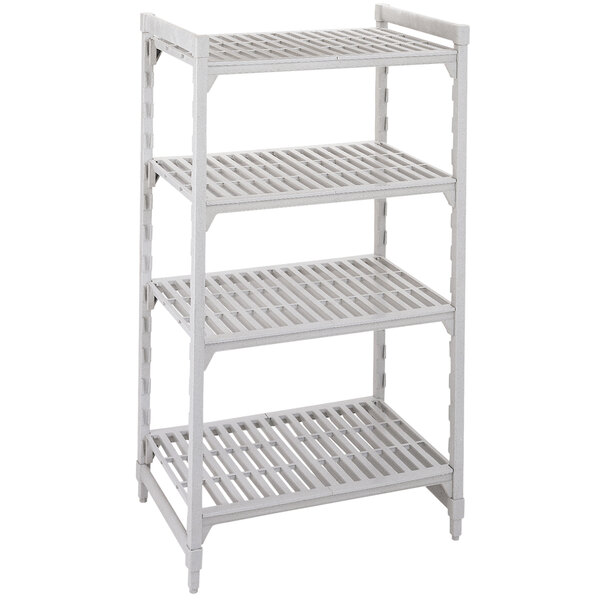A white plastic Cambro Camshelving Premium unit with 4 vented shelves.