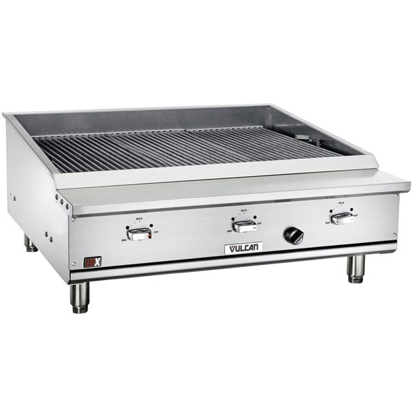 A Vulcan VTEC36 infrared charbroiler on a stainless steel counter.
