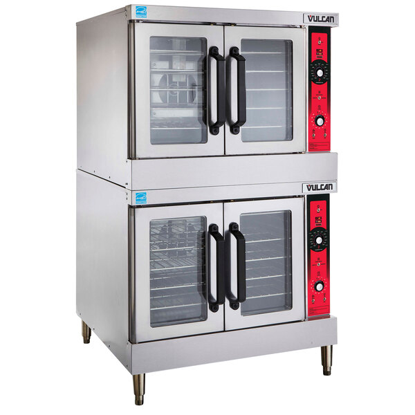 A stainless steel Vulcan double deck gas convection oven with glass doors and red handles.