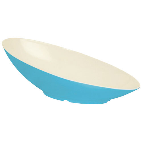 A blue bowl with a white rim.