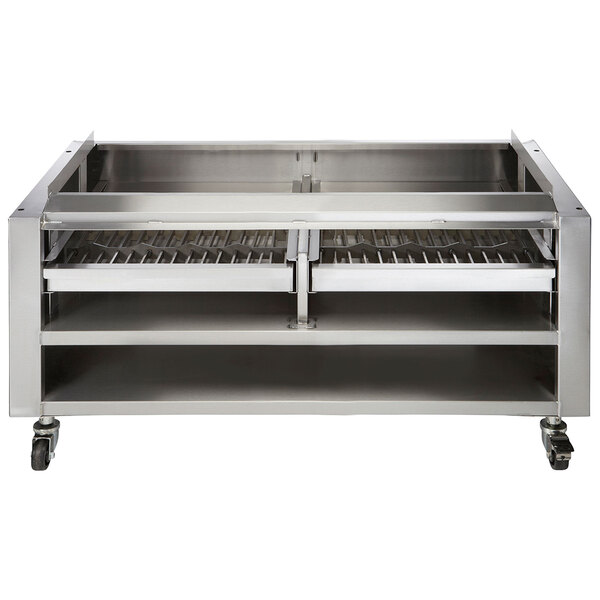 A stainless steel wood assist stand for a Vulcan smoker with two wood trays.